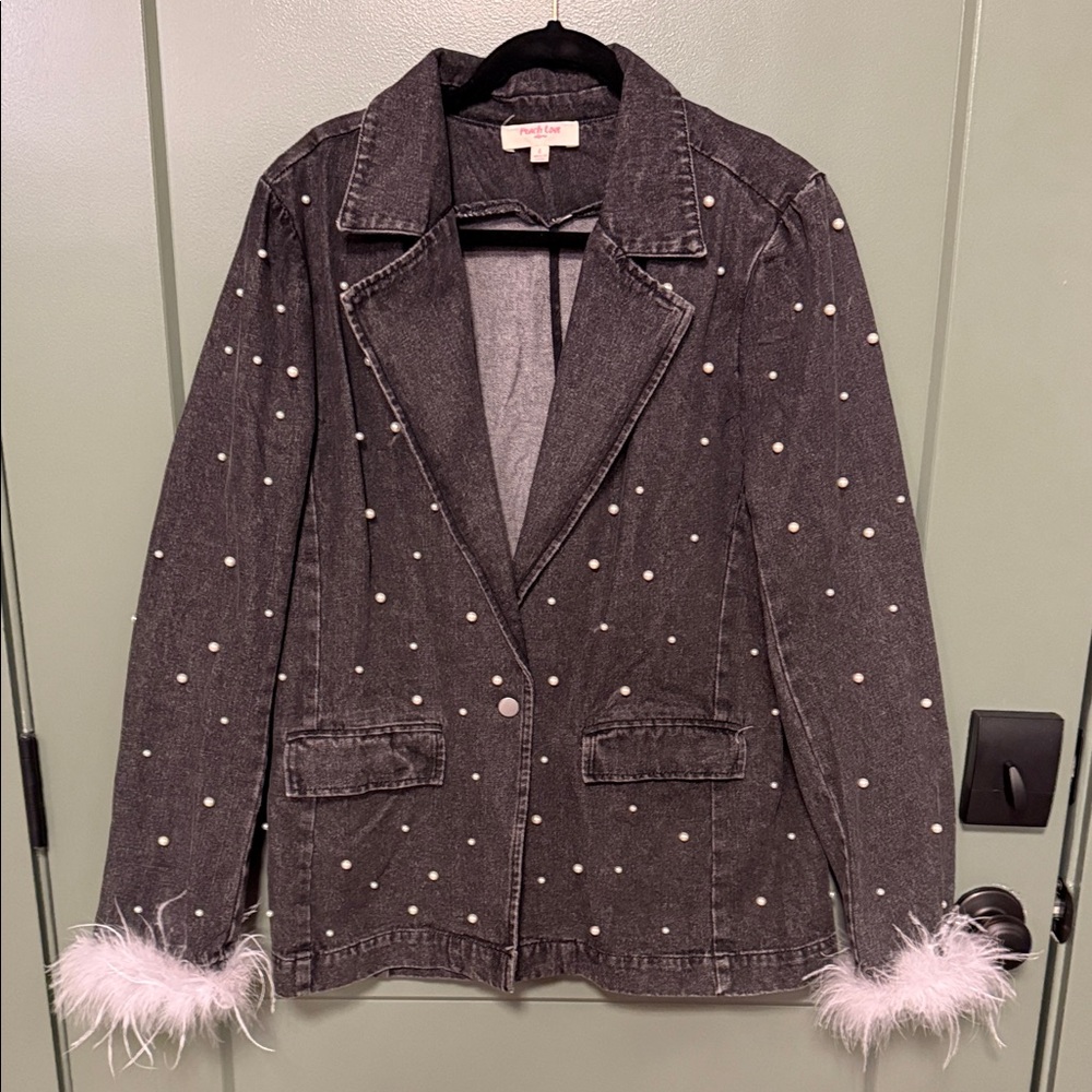 Peach Love Black Pearl-Studded Denim Jacket with Feather Cuffs